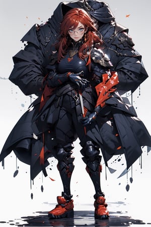 A beautiful 25 year old woman, red hair, hazel eyes, She has a body of a fitness model, medium breasts, glasses, joyful look, (furius), happy, hourglass body shape, slim waist, ((full-body_portrait)), navy blue color armor, armor foot, armor hands and shouder, armor head, armor breast, injuries, battle_stance, serious face,FlammeFrieren,midjourney