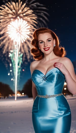 Standing in a park at night, in the snow, watching an amazing fireworks display, celebrating New Years. a stunningly beautiful 1950s girl with a cute round face long reddish brown hair looking happy, huge large sized breasts and a tiny waist, in her early 20s, wearing a blue shiny satin mermaid dress.