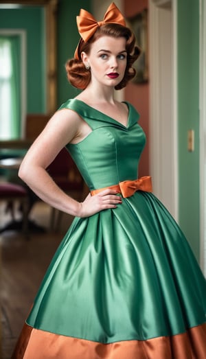 digital photo, full length photo, beautiful 25 year old woman reddish brown hair, wearing 1950s style satin green and orange dress with wide circle skirt and tight bodice, large bow, in 1950s house, 1950s house background, sharp focus, award-winning photograph, fine face detail, colour digital photo, romantic lighting, brokeh