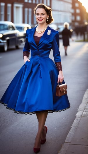 digital photo, view from side, filling image, beautiful woman, 30, dark reddish brown hair, wearing satin royal blue dress ((1950s style dress)) ((fitted blazer)) with wide skirt, cap sleeves, adge of lace pettycoat showing at edge of skirt, purse, pearl necklace, seamed stockings, in street, turning towards camera, evening light, slight smile, walking, on street, morning light, fine skin detail with pores and blemishes, 