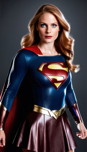 a white women with reddish brown hair dressed like Supergirl. 