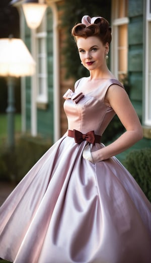 digital photo, full length photo, beautiful 25 year old woman reddish brown hair, wearing 1950s style satin dress with wide circle skirt and tight bodice, large bow, in 1950s house, 1950s house background, sharp focus, award-winning photograph, fine face detail, colour digital photo, romantic lighting, brokeh