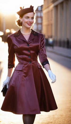 digital photo, view from side, filling image, beautiful woman, 30, dark reddish brown hair, wearing satin ((1950s style dress)) ((fitted blazer)) with wide skirt, cap sleeves, adge of lace pettycoat showing at edge of skirt, purse, pearl necklace, seamed stockings, in street, turning towards camera, evening light, slight smile, walking, on street, morning light, fine skin detail with pores and blemishes,