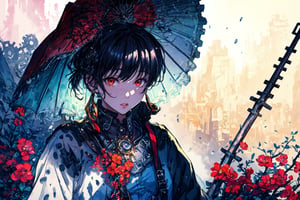 Official Art, Unity 8K Wallpaper, Extreme Detailed, Beautiful and Aesthetic, Masterpiece, Top Quality, perfect anatomy, 

1girl, solo, long hair, looking at viewer, black hair, red eyes, jewelry, flower, umbrella, gears, indigo theme, plateau, rainy day, fog,

a beautifully drawn (((ink illustration))) depicting, vintage, purple and yellow accents, watercolor painting, concept art, (best illustration), (best shadow), Analog Color Theme, vivid colours, contrast, smooth, sharp focus, scenery, 

(Pencil_Sketch:1.2,masterpiece, midjourney, best quality, incredibly absurdres, messy lines,high detail eyes,More Detail,perfect light,portrait, 