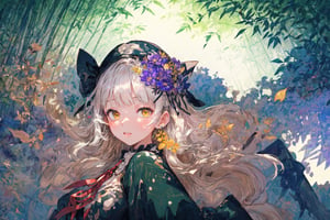 Official Art, Unity 8K Wallpaper, Extreme Detailed, Beautiful and Aesthetic, Masterpiece, Top Quality, perfect anatomy, 

1girl, solo, long hair, bangs, hair ornament, long sleeves, dress, very long hair, flower, frills, hair flower, wide sleeves, blunt bangs, black dress, floral print, absurdly long hair, green theme, green ribbon, bamboo forest, falling leaves

a beautifully drawn (((ink illustration))) depicting, vintage, PURPLE and YELLOW accents, watercolor painting, concept art, (best illustration), (best shadow), Analog Color Theme, vivid colours, contrast, smooth, sharp focus, scenery, 

(Pencil_Sketch:1.2,masterpiece, midjourney, best quality, incredibly absurdres, messy lines,high detail eyes,More Detail,perfect light,portrait, 