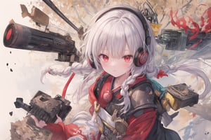 Official Art, Unity 8K Wallpaper, Extreme Detailed, Beautiful and Aesthetic, Masterpiece, Top Quality, perfect anatomy, 

1girl, solo, long hair, red eyes, thighhighs, weapon, braid, white hair, twin braids, gun, glowing, headphones, gatling gun, brown theme, woods, dusty,

a beautifully drawn (((ink illustration))) depicting, vintage, red and green accents, watercolor painting, concept art, (best illustration), (best shadow), Analog Color Theme, vivid colours, contrast, smooth, sharp focus, scenery, 

(Pencil_Sketch:1.2,masterpiece, midjourney, best quality, incredibly absurdres, messy lines,high detail eyes,More Detail,perfect light,portrait, ,more detail XL,Ukiyo-e, ,ink,colorful,samurai