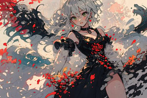 a beautifully drawn (((sumi-e ink illustration))) depicting, integrating elements of calligraphy, Official Art, Unity 8K Wallpaper, Extreme Detailed, Beautiful and Aesthetic, Masterpiece, Top Quality, perfect anatomy, 1girl, solo, short hair, bare shoulders, jewelry, medium breasts, white hair, outdoors, sleeveless, choker, black gloves, elbow gloves, black dress, petals, red dress, long dress, scythe, holding scythe, spider lily, vintage, yellow and GREEN accents, watercolor painting, concept art, silver leaf art, (best illustration), (best shadow), Analog Color Theme, vivid colours, contrast, smooth, sharp focus, twilight, cemetery, Dusty,(Pencil_Sketch:1.2