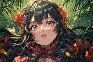 Official Art, Unity 8K Wallpaper, Extreme Detailed, Beautiful and Aesthetic, Masterpiece, Top Quality, perfect anatomy, 

1girl, solo, long hair, bangs, hair ornament, long sleeves, dress, very long hair, flower, frills, hair flower, wide sleeves, blunt bangs, black dress, floral print, absurdly long hair, green theme, green ribbon, bamboo forest, falling leaves

a beautifully drawn (((ink illustration))) depicting, vintage, PURPLE and YELLOW accents, watercolor painting, concept art, (best illustration), (best shadow), Analog Color Theme, vivid colours, contrast, smooth, sharp focus, scenery, 

(Pencil_Sketch:1.2,masterpiece, midjourney, best quality, incredibly absurdres, messy lines,high detail eyes,More Detail,perfect light,portrait, 