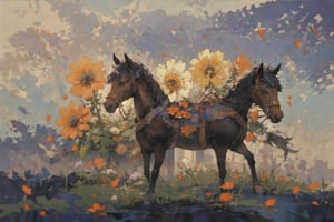 Official Art, Unity 8K Wallpaper, Extreme Detailed, Beautiful and Aesthetic, Masterpiece, Top Quality, perfect anatomy, 

flower, sky, cloud, book, petals, no humans, red flower, ground vehicle, yellow flower, orange flower, Kentucky, USA, horsehair, horse, galloping, fruity notes, apple, caramel, gold leaf, rattling wheels, fragrant paint, carrot-colored saddle,

a beautifully drawn (((ink illustration))) depicting, vintage, PURPLE and YELLOW accents, watercolor painting, concept art, (best illustration), (best shadow), Analog Color Theme, vivid colours, contrast, smooth, sharp focus, scenery, 

(Pencil_Sketch:1.2,masterpiece, midjourney, best quality, incredibly absurdres, messy lines,high detail eyes