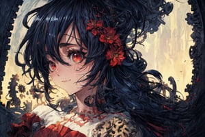 Official Art, Unity 8K Wallpaper, Extreme Detailed, Beautiful and Aesthetic, Masterpiece, Top Quality, perfect anatomy, 

1girl, solo, long hair, looking at viewer, black hair, red eyes, jewelry, flower, umbrella, gears, indigo theme, plateau, rainy day, fog,

a beautifully drawn (((ink illustration))) depicting, vintage, purple and yellow accents, watercolor painting, concept art, (best illustration), (best shadow), Analog Color Theme, vivid colours, contrast, smooth, sharp focus, scenery, 

(Pencil_Sketch:1.2,masterpiece, midjourney, best quality, incredibly absurdres, messy lines,high detail eyes,More Detail,perfect light,portrait, 