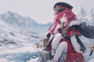 Official Art, Unity 8K Wallpaper, Extreme Detailed, Beautiful and Aesthetic, Masterpiece, Top Quality, perfect anatomy, 

1girl, solo, very long hair, bangs, blue eyes, skirt, indigo vest, long sleeves, hat, red hair, cape, hair over one eye, fur trim, indigo headwear, heterochromia, red cloak, fur-trimmed cloak, white shirt, boots, white pants, chinese clothes, bird, Tula Province, Russian Empire,
Source of life, sparkling stars, water feeder, aquatic tune, ginger, ice water, geranium, oak, impurity glass bottle, tweed cloak, Claret homemade equestrian skirt, Plateau lakes, snow mountains

a beautifully drawn (((ink illustration))) depicting, vintage, Claret and navy blue accents, watercolor painting, concept art, (best illustration), (best shadow), Analog Color Theme, vivid colours, contrast, smooth, sharp focus, scenery, 

(Pencil_Sketch:1.2,masterpiece, midjourney, best quality, incredibly absurdres, messy lines,high detail eyes,More Detail,perfect light,portrait, ,more detail XL,Ukiyo-e, ,ink,colorful,samurai