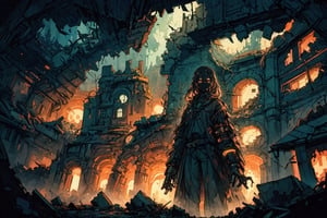 In an eerie digital dystopia, a towering figure emerges from the pixelated ruins, its metallic frame reflecting the sickly glow of neon lights. This haunting image is an oil painting that captures the essence of a futuristic world in decay. The figure's face is a mosaic of fractured screen displays, radiating an otherworldly beauty that belies the underlying chaos. Each pixel is painstakingly rendered with precision, creating a mesmerizing blend of technology and darkness. This mesmerizing piece encapsulates the allure of a world on the brink of collapse, inviting viewers to ponder the consequences of unchecked progress.,masterpiece