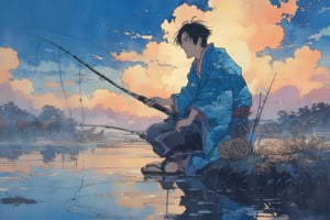 Official Art, Unity 8K Wallpaper, Extreme Detailed, Beautiful and Aesthetic, Masterpiece, Top Quality, perfect anatomy, 

solo, short hair, black hair, 1boy, holding, sitting, male focus, outdoors, japanese clothes, sky, day, pants, clouds, water, blue sky, tattoo, sandals, fish, grey pants, fishing rod, fishing, holding fishing rod, fishing line, blue theme, 

a beautifully drawn (((ink illustration))) depicting, vintage, purple and yellow accents, watercolor painting, concept art, (best illustration), (best shadow), Analog Color Theme, vivid colours, contrast, smooth, sharp focus, scenery, 

(Pencil_Sketch:1.2,masterpiece, midjourney, best quality, incredibly absurdres, messy lines,high detail eyes,More Detail,perfect light,portrait, ,more detail XL,Ukiyo-e, ,ink