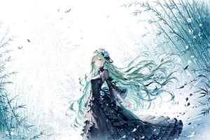 Official Art, Unity 8K Wallpaper, Extreme Detailed, Beautiful and Aesthetic, Masterpiece, Top Quality, perfect anatomy, 

1girl, solo, long hair, bangs, hair ornament, long sleeves, dress, very long hair, flower, frills, hair flower, wide sleeves, blunt bangs, black dress, floral print, absurdly long hair, green theme, green ribbon, bamboo forest, falling leaves

a beautifully drawn (((ink illustration))) depicting, vintage, PURPLE and YELLOW accents, watercolor painting, concept art, (best illustration), (best shadow), Analog Color Theme, vivid colours, contrast, smooth, sharp focus, scenery, 

(Pencil_Sketch:1.2,masterpiece, midjourney, best quality, incredibly absurdres, messy lines,high detail eyes,More Detail,perfect light,portrait, ,more detail XL, 