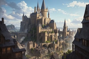 In the enchanting realm of the Wizarding World of Harry Potter, a breathtakingly magical land unfolds before our eyes. This extraordinary image, captured in a meticulously crafted painting, showcases a sprawling landscape rich with vibrant colors and fantastical elements. Majestic castles and bustling streets fill the scene, bustling with both wizards and enchanting creatures. Evoking a sense of awe and wonder, this stunning artwork effortlessly transports viewers into the extraordinary world of Harry Potter, where imagination knows no bounds,(best quality,