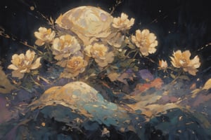 Official Art, Unity 8K Wallpaper, Extreme Detailed, Beautiful and Aesthetic, Masterpiece, Top Quality, perfect anatomy, 

no human, jewelry, flowers, sky, star \(symbol\),  sparkle, night, rose, leaf, moon, crescent, gem, star \(sky\), starry sky, rabbit, crystal, animal focus, gold, blue gemstone, constellation, 

a beautifully drawn (((ink illustration))) depicting, vintage, PURPLE and YELLOW accents, watercolor painting, concept art, (best illustration), (best shadow), Analog Color Theme, vivid colours, contrast, smooth, sharp focus, scenery, 

(Pencil_Sketch:1.2,masterpiece, midjourney, best quality, incredibly absurdres, messy lines,high detail eyes