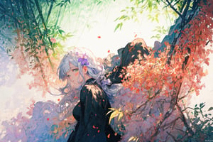 Official Art, Unity 8K Wallpaper, Extreme Detailed, Beautiful and Aesthetic, Masterpiece, Top Quality, perfect anatomy, 

1girl, solo, long hair, bangs, hair ornament, long sleeves, dress, very long hair, flower, frills, hair flower, wide sleeves, blunt bangs, black dress, floral print, absurdly long hair, green theme, green ribbon, bamboo forest, falling leaves

a beautifully drawn (((ink illustration))) depicting, vintage, PURPLE and YELLOW accents, watercolor painting, concept art, (best illustration), (best shadow), Analog Color Theme, vivid colours, contrast, smooth, sharp focus, scenery, 

(Pencil_Sketch:1.2,masterpiece, midjourney, best quality, incredibly absurdres, messy lines,high detail eyes,More Detail,perfect light,portrait, 