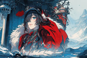 Official Art, Unity 8K Wallpaper, Extreme Detailed, Beautiful and Aesthetic, Masterpiece, Top Quality, perfect anatomy, 

1girl, solo, very long hair, bangs, blue eyes, skirt, indigo vest, long sleeves, hat, red hair, cape, hair over one eye, fur trim, indigo headwear, heterochromia, red cloak, fur-trimmed cloak, white shirt, boots, white pants, chinese clothes, bird, Tula Province, Russian Empire,
Source of life, sparkling stars, water feeder, aquatic tune, ginger, ice water, geranium, oak, impurity glass bottle, tweed cloak, Claret homemade equestrian skirt, Plateau lakes, snow mountains

a beautifully drawn (((ink illustration))) depicting, vintage, Claret and navy blue accents, watercolor painting, concept art, (best illustration), (best shadow), Analog Color Theme, vivid colours, contrast, smooth, sharp focus, scenery, 

(Pencil_Sketch:1.2,masterpiece, midjourney, best quality, incredibly absurdres, messy lines,high detail eyes,More Detail,perfect light,portrait, ,more detail XL,Ukiyo-e, ,ink,colorful,samurai