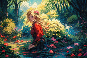 Official Art, Unity 8K Wallpaper, Extreme Detailed, Beautiful and Aesthetic, Masterpiece, Top Quality, perfect anatomy, 

1girl, solo, blonde hair, weapon, red cape, armor, polearm, spear, dandelion, bubbles, outdoors, sky, day, clouds, forest, mountain, waterfall, lake, twlight, Temple behind, 

a beautifully drawn (((ink illustration))) depicting, vintage, PURPLE and magenta accents, watercolor painting, concept art, (best illustration), (best shadow), Analog Color Theme, vivid colours, contrast, smooth, sharp focus, scenery, 

(Pencil_Sketch:1.2,masterpiece,midjourney, best quality,