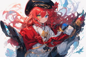 Official Art, Unity 8K Wallpaper, Extreme Detailed, Beautiful and Aesthetic, Masterpiece, Top Quality, perfect anatomy, 

1girl, solo, very long hair, bangs, blue eyes, skirt, indigo vest, long sleeves, hat, red hair, cape, hair over one eye, fur trim, indigo headwear, heterochromia, red cloak, fur-trimmed cloak, white shirt, boots, white pants, chinese clothes, bird, Tula Province, Russian Empire,
Source of life, sparkling stars, water feeder, aquatic tune, ginger, ice water, geranium, oak, impurity glass bottle, tweed cloak, Claret homemade equestrian skirt, Plateau lakes, snow mountains

a beautifully drawn (((ink illustration))) depicting, vintage, Claret and navy blue accents, watercolor painting, concept art, (best illustration), (best shadow), Analog Color Theme, vivid colours, contrast, smooth, sharp focus, scenery, 

(Pencil_Sketch:1.2,masterpiece, midjourney, best quality, incredibly absurdres, messy lines,high detail eyes,More Detail,perfect light,portrait, ,more detail XL,Ukiyo-e, ,ink,colorful,samurai