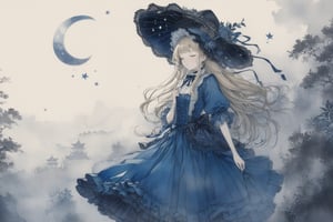 Official Art, Unity 8K Wallpaper, Extreme Detailed, Beautiful and Aesthetic, Masterpiece, Top Quality, perfect anatomy, 

1girl, solo, long hair, bangs, blonde hair, dress, bow, ribbon, holding, jewelry, standing, full body, closed eyes, pantyhose, frills, shoes, blunt bangs, star \(symbol\), blue dress, umbrella, moon, frilled dress, crescent, star \(sky\), lolita fashion, holding umbrella, petticoat, crescent moon, bonnet, constellation, blue theme,

a beautifully drawn (((ink illustration))) depicting, vintage, indigo and purple accents, watercolor painting, concept art, (best illustration), (best shadow), Analog Color Theme, vivid colours, contrast, smooth, sharp focus, scenery, 

(Pencil_Sketch:1.2,masterpiece, midjourney, best quality, incredibly absurdres, messy lines,high detail eyes,More Detail,perfect light,portrait, ,more detail XL, , greyscale,Ukiyo-e