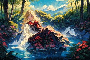 Official Art, Unity 8K Wallpaper, Extreme Detailed, Beautiful and Aesthetic, Masterpiece, Top Quality, perfect anatomy, 

1girl, solo, blonde hair, weapon, red cape, armor, polearm, spear, dandelion, bubbles, outdoors, sky, day, clouds, forest, mountain, waterfall, lake, twlight, Temple behind, 

a beautifully drawn (((ink illustration))) depicting, vintage, PURPLE and magenta accents, watercolor painting, concept art, (best illustration), (best shadow), Analog Color Theme, vivid colours, contrast, smooth, sharp focus, scenery, 

(Pencil_Sketch:1.2,masterpiece,midjourney, best quality,