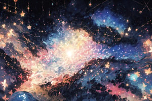 Official Art, Unity 8K Wallpaper, Extreme Detailed, Beautiful and Aesthetic, Masterpiece, Top Quality, perfect anatomy, 

blue theme, jewelry, flower, sky, star \(symbol\), no human, sparkle, night, rose, leaf, moon, crescent, black and indigo background, gem, star \(sky\), starry sky, rabbit, crystal, animal focus, gold, blue gemstone, constellation, 

a beautifully drawn (((ink illustration))) depicting, vintage, PURPLE and YELLOW accents, watercolor painting, concept art, (best illustration), (best shadow), Analog Color Theme, vivid colours, contrast, smooth, sharp focus, scenery, 

(Pencil_Sketch:1.2,masterpiece, midjourney, best quality, incredibly absurdres, messy lines,high detail eyes