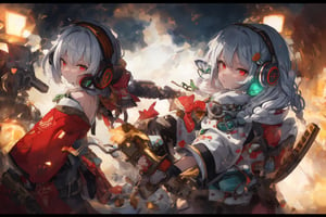 Official Art, Unity 8K Wallpaper, Extreme Detailed, Beautiful and Aesthetic, Masterpiece, Top Quality, perfect anatomy, 

1girl, solo, long hair, red eyes, thighhighs, weapon, braid, white hair, twin braids, gun, glowing, headphones, gatling gun, brown theme, woods, dusty,

a beautifully drawn (((ink illustration))) depicting, vintage, red and green accents, watercolor painting, concept art, (best illustration), (best shadow), Analog Color Theme, vivid colours, contrast, smooth, sharp focus, scenery, 

(Pencil_Sketch:1.2,masterpiece, midjourney, best quality, incredibly absurdres, messy lines,high detail eyes,More Detail,perfect light,portrait, ,more detail XL,Ukiyo-e, ,ink,colorful,samurai