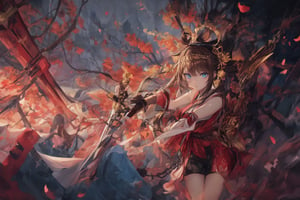 Official Art, Unity 8K Wallpaper, Extreme Detailed, Beautiful and Aesthetic, Masterpiece, Top Quality, perfect anatomy, 

1girl, solo, looking at viewer, blue eyes, brown hair, holding, standing, full body, weapon, shorts, socks, holding weapon, chain, skull, axe, sakura, shrine, nontraditional miko, petals, twlight, hairband, pink theme, 

a beautifully drawn (((ink illustration))) depicting, vintage, PINK and PURPLE accents, watercolor painting, concept art, (best illustration), (best shadow), Analog Color Theme, vivid colours, contrast, smooth, sharp focus, scenery, 

(Pencil_Sketch:1.2,masterpiece, midjourney, best quality, incredibly absurdres, messy lines,high detail eyes,More Detail,perfect light,portrait, 