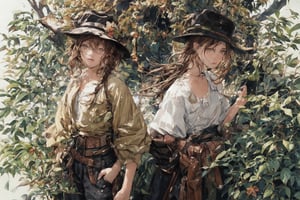 Official Art, Unity 8K Wallpaper, Extreme Detailed, Beautiful and Aesthetic, Masterpiece, Top Quality, perfect anatomy, 

1girl, solo, long hair, brown hair, shirt, gloves, holding, hair between eyes, standing, collarbone, yellow eyes, white shirt, belt, pants, single braid, black headwear, black pants, hair over shoulder, shirt tucked in, fake facial hair, fake mustache, Los Angeles, film stock, tracery, leather tones, cinnamon, cocoa nut, vanilla, amber, tolu balsam, notched fedora, bamboo cane, olive green cotton headband, stuntman,

a beautifully drawn (((ink illustration))) depicting, vintage, brown and green accents, watercolor painting, concept art, (best illustration), (best shadow), Analog Color Theme, vivid colours, contrast, smooth, sharp focus, scenery, 

(Pencil_Sketch:1.2,masterpiece, midjourney, best quality, incredibly absurdres, messy lines,high detail eyes,More Detail,perfect light,portrait, ,more detail XL,Ukiyo-e, ,ink,colorful,