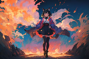 Official Art, Unity 8K Wallpaper, Extreme Detailed, Beautiful and Aesthetic, Masterpiece, Top Quality, perfect anatomy, 

1girl, solo, looking at viewer, short hair, bangs, blue eyes, black hair, thighhighs, long sleeves, dress, animal ears, standing, jacket, tail, full body, boots, black thighhighs, cat ears, black footwear, black dress, cat tail, hand on hip, shadow, pink theme, blue jacket, flames, indigo background, 

a beautifully drawn (((ink illustration))) depicting, vintage, purple and yellow accents, watercolor painting, concept art, (best illustration), (best shadow), Analog Color Theme, vivid colours, contrast, smooth, sharp focus, scenery, 

(Pencil_Sketch:1.2,masterpiece, midjourney, best quality, incredibly absurdres, messy lines,high detail eyes,More Detail,perfect light,portrait, ,more detail XL,Ukiyo-e, ,ink