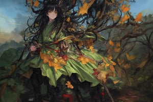 Official Art, Unity 8K Wallpaper, Extreme Detailed, Beautiful and Aesthetic, Masterpiece, Top Quality, perfect anatomy, 

1girl, solo, long hair, looking at viewer, black hair, hair ornament, long sleeves, dress, holding, brown eyes, closed mouth, standing, full body, weapon, pants, wooden sword, water, black footwear, holding weapon, chinese clothes, golden butterfly, green dress, bangs, yellow eyes, pine trees, clouds, Fly-whisk, bottle gourd, screen, landscape ink painting, 

a beautifully drawn (((ink illustration))) depicting, vintage, green and orange accents, watercolor painting, concept art, (best illustration), (best shadow), Analog Color Theme, vivid colours, contrast, smooth, sharp focus, scenery, 

(Pencil_Sketch:1.2,masterpiece, midjourney, best quality, incredibly absurdres, messy lines,high detail eyes,More Detail,perfect light,portrait, ,more detail XL,Ukiyo-e, ,ink,colorful,samurai