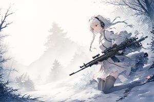 Official Art, Unity 8K Wallpaper, Extreme Detailed, Beautiful and Aesthetic, Masterpiece, Top Quality, perfect anatomy, 

1girl, solo, long hair, red eyes, thighhighs, weapon, braid, white hair, twin braids, gun, glowing, headphones, gatling gun, brown theme, woods, dusty,

a beautifully drawn (((ink illustration))) depicting, vintage, brown and green accents, watercolor painting, concept art, (best illustration), (best shadow), Analog Color Theme, vivid colours, contrast, smooth, sharp focus, scenery, 

(Pencil_Sketch:1.2,masterpiece, midjourney, best quality, incredibly absurdres, messy lines,high detail eyes,More Detail,perfect light,portrait, ,more detail XL,Ukiyo-e, ,ink,colorful,