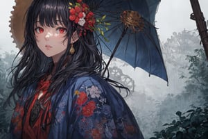 Official Art, Unity 8K Wallpaper, Extreme Detailed, Beautiful and Aesthetic, Masterpiece, Top Quality, perfect anatomy, 

1girl, solo, long hair, looking at viewer, black hair, red eyes, jewelry, flower, umbrella, gears, indigo theme, plateau, rainy day, fog,

a beautifully drawn (((ink illustration))) depicting, vintage, purple and yellow accents, watercolor painting, concept art, (best illustration), (best shadow), Analog Color Theme, vivid colours, contrast, smooth, sharp focus, scenery, 

(Pencil_Sketch:1.2,masterpiece, midjourney, best quality, incredibly absurdres, messy lines,high detail eyes,More Detail,perfect light,portrait, 