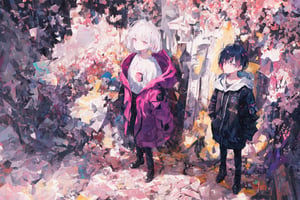 Official Art, Unity 8K Wallpaper, Extreme Detailed, Beautiful and Aesthetic, Masterpiece, Top Quality, perfect anatomy, 

solo, looking at viewer, short hair, bangs, long sleeves, 1boy, jewelry, closed mouth, standing, purple eyes, jacket, full body, white hair, multicolored hair, earrings, pants, hood, pink eyes, black footwear, coat, sleeves past wrists, from above, hood down, magenta theme, candy rain, 

a beautifully drawn (((ink illustration))) depicting, vintage, purple and yellow accents, watercolor painting, concept art, (best illustration), (best shadow), Analog Color Theme, vivid colours, contrast, smooth, sharp focus, scenery, 

(Pencil_Sketch:1.2,masterpiece, midjourney, best quality, incredibly absurdres, messy lines,high detail eyes,More Detail,perfect light,portrait, 