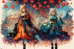 Official Art, Unity 8K Wallpaper, Extreme Detailed, Beautiful and Aesthetic, Masterpiece, Top Quality, perfect anatomy, 

1girl, solo, long hair, looking at viewer, blush, smile, bangs, blue eyes, hair ornament, long sleeves, bow, holding, animal ears, jewelry, closed mouth, standing, tail, full body, weapon, flower, white hair, earrings, japanese clothes, sword, cat ears, hair flower, wide sleeves, kimono, scarf, black footwear, holding weapon, animal ear fluff, bell, animal, cat, tassel, platform footwear, Blue-green petals, 

a beautifully drawn (((ink illustration))) depicting, vintage, PURPLE and YELLOW accents, watercolor painting, concept art, (best illustration), (best shadow), Analog Color Theme, vivid colours, contrast, smooth, sharp focus, scenery, 

(Pencil_Sketch:1.2,masterpiece, midjourney, best quality, incredibly absurdres, messy lines,high detail eyes