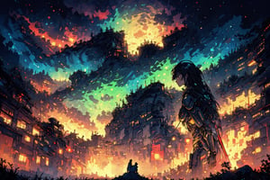 Official Art, Unity 8K Wallpaper, Extreme Detailed, Beautiful and Aesthetic, Masterpiece, Top Quality, perfect anatomy, 

In a mesmerizing cyberpunk realm, a futuristic android warrior stands tall amidst neon-lit skyscrapers and holographic signs, her metallic exoskeleton gleaming with intricate patterns and glowing circuits, the lunar augmented binary tree sits atop a mossy rock in a lush forest clearing, A celestial gondola drifts gracefully through a dreamlike galaxy with a snow leopard sit on ,

a beautifully drawn (((ink illustration))) depicting, vintage, PURPLE and YELLOW accents, watercolor painting, concept art, (best illustration), (best shadow), Analog Color Theme, vivid colours, contrast, smooth, sharp focus, scenery, 

(Pencil_Sketch:1.2,masterpiece,midjourney, best quality, , messy lines,incredibly absurdres
