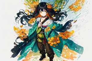 Official Art, Unity 8K Wallpaper, Extreme Detailed, Beautiful and Aesthetic, Masterpiece, Top Quality, perfect anatomy, 

1girl, solo, long hair, looking at viewer, black hair, hair ornament, long sleeves, dress, holding, brown eyes, closed mouth, standing, full body, weapon, pants, wooden sword, water, black footwear, holding weapon, chinese clothes, golden butterfly, green dress, bangs, yellow eyes, pine trees, clouds, Fly-whisk, bottle gourd, screen, landscape ink painting, 

a beautifully drawn (((ink illustration))) depicting, vintage, green and orange accents, watercolor painting, concept art, (best illustration), (best shadow), Analog Color Theme, vivid colours, contrast, smooth, sharp focus, scenery, 

(Pencil_Sketch:1.2,masterpiece, midjourney, best quality, incredibly absurdres, messy lines,high detail eyes,More Detail,perfect light,portrait, ,more detail XL,Ukiyo-e, ,ink,colorful,samurai