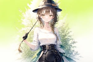 Official Art, Unity 8K Wallpaper, Extreme Detailed, Beautiful and Aesthetic, Masterpiece, Top Quality, perfect anatomy, 

1girl, solo, long hair, brown hair, shirt, gloves, holding, hair between eyes, standing, collarbone, yellow eyes, white shirt, belt, pants, single braid, black headwear, black pants, hair over shoulder, shirt tucked in, fake facial hair, fake mustache, Los Angeles, film stock, tracery, leather tones, cinnamon, cocoa nut, vanilla, amber, tolu balsam, notched fedora, bamboo cane, olive green cotton headband, stuntman, brown theme, green background,

a beautifully drawn (((ink illustration))) depicting, vintage, brown and green accents, watercolor painting, concept art, (best illustration), (best shadow), Analog Color Theme, vivid colours, contrast, smooth, sharp focus, scenery, 

(Pencil_Sketch:1.2,masterpiece, midjourney, best quality, incredibly absurdres, messy lines,high detail eyes,More Detail,perfect light,portrait, ,more detail XL,Ukiyo-e, ,ink,colorful,