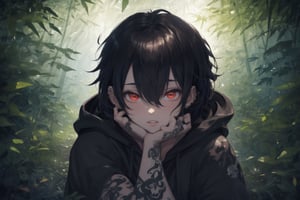 Official Art, Unity 8K Wallpaper, Extreme Detailed, Beautiful and Aesthetic, Masterpiece, Top Quality, perfect anatomy, 

solo, looking at viewer, short hair, black hair, red eyes, 1boy, hair between eyes, jewelry, male focus, earrings, parted lips, hood, cup, fingernails, hoodie, tattoo, piercing, hood down, ear piercing, black nails, skull, head rest, arm tattoo, black hoodie, neck tattoo, lip piercing, multiple piercings, hand tattoo, green bamboo forest, fallen leaves, 
a beautifully drawn (((ink illustration))) depicting, vintage, BROWN and YELLOW accents, watercolor painting, concept art, (best illustration), (best shadow), Analog Color Theme, vivid colours, contrast, smooth, sharp focus, scenery, 

(Pencil_Sketch:1.2,masterpiece, midjourney, best quality, incredibly absurdres, messy lines,high detail eyes,More Detail,perfect light,portrait, ,more detail XL, 