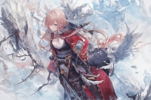 Official Art, Unity 8K Wallpaper, Extreme Detailed, Beautiful and Aesthetic, Masterpiece, Top Quality, perfect anatomy, 

1girl, solo, very long hair, bangs, blue eyes, skirt, indigo vest, long sleeves, hat, red hair, cape, hair over one eye, fur trim, indigo headwear, heterochromia, red cloak, fur-trimmed cloak, white shirt, boots, white pants, chinese clothes, bird, Tula Province, Russian Empire,
Source of life, sparkling stars, water feeder, aquatic tune, ginger, ice water, geranium, oak, impurity glass bottle, tweed cloak, Claret homemade equestrian skirt, Plateau lakes, snow mountains

a beautifully drawn (((ink illustration))) depicting, vintage, Claret and navy blue accents, watercolor painting, concept art, (best illustration), (best shadow), Analog Color Theme, vivid colours, contrast, smooth, sharp focus, scenery, 

(Pencil_Sketch:1.2,masterpiece, midjourney, best quality, incredibly absurdres, messy lines,high detail eyes,More Detail,perfect light,portrait, ,more detail XL,Ukiyo-e, ,ink,colorful,samurai
