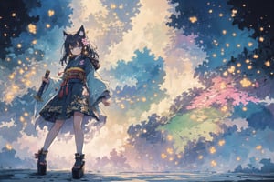 Official Art, Unity 8K Wallpaper, Extreme Detailed, Beautiful and Aesthetic, Masterpiece, Top Quality, perfect anatomy, 

1girl, solo, long hair, looking at viewer, blush, smile, bangs, blue eyes, hair ornament, long sleeves, bow, holding, animal ears, jewelry, closed mouth, standing, tail, full body, weapon, flower, white hair, earrings, japanese clothes, sword, cat ears, hair flower, wide sleeves, kimono, scarf, black footwear, holding weapon, animal ear fluff, bell, animal, cat, tassel, platform footwear, Blue-green theme, 

a beautifully drawn (((ink illustration))) depicting, vintage, PURPLE and YELLOW accents, watercolor painting, concept art, (best illustration), (best shadow), Analog Color Theme, vivid colours, contrast, smooth, sharp focus, scenery, 

(Pencil_Sketch:1.2,masterpiece, midjourney, best quality, incredibly absurdres, messy lines,high detail eyes