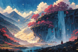 Official Art, Unity 8K Wallpaper, Extreme Detailed, Beautiful and Aesthetic, Masterpiece, Top Quality, perfect anatomy, 

1girl, solo, blonde hair, weapon, red cape, armor, polearm, spear, dandelion, bubbles, outdoors, sky, day, clouds, forest, mountain, waterfall, landscape, lake, twlight, Temple behind, 

a beautifully drawn (((ink illustration))) depicting, vintage, PURPLE and magenta accents, watercolor painting, concept art, (best illustration), (best shadow), Analog Color Theme, vivid colours, contrast, smooth, sharp focus, scenery, 

(Pencil_Sketch:1.2,masterpiece,midjourney, best quality,