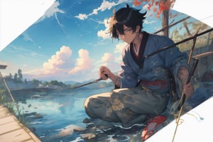 Official Art, Unity 8K Wallpaper, Extreme Detailed, Beautiful and Aesthetic, Masterpiece, Top Quality, perfect anatomy, 

solo, short hair, black hair, 1boy, holding, sitting, male focus, outdoors, japanese clothes, sky, day, pants, clouds, water, blue sky, tattoo, sandals, fish, grey pants, fishing rod, fishing, holding fishing rod, fishing line, blue theme, 

a beautifully drawn (((ink illustration))) depicting, vintage, purple and yellow accents, watercolor painting, concept art, (best illustration), (best shadow), Analog Color Theme, vivid colours, contrast, smooth, sharp focus, scenery, 

(Pencil_Sketch:1.2,masterpiece, midjourney, best quality, incredibly absurdres, messy lines,high detail eyes,More Detail,perfect light,portrait, ,more detail XL,Ukiyo-e, ,ink