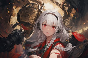 Official Art, Unity 8K Wallpaper, Extreme Detailed, Beautiful and Aesthetic, Masterpiece, Top Quality, perfect anatomy, 

1girl, solo, long hair, red eyes, thighhighs, weapon, braid, white hair, twin braids, gun, glowing, headphones, gatling gun, brown theme, woods, dusty,

a beautifully drawn (((ink illustration))) depicting, vintage, red and green accents, watercolor painting, concept art, (best illustration), (best shadow), Analog Color Theme, vivid colours, contrast, smooth, sharp focus, scenery, 

(Pencil_Sketch:1.2,masterpiece, midjourney, best quality, incredibly absurdres, messy lines,high detail eyes,More Detail,perfect light,portrait, ,more detail XL,Ukiyo-e, ,ink,colorful,samurai