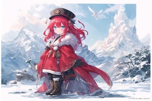 Official Art, Unity 8K Wallpaper, Extreme Detailed, Beautiful and Aesthetic, Masterpiece, Top Quality, perfect anatomy, 

1girl, solo, very long hair, bangs, blue eyes, skirt, indigo vest, long sleeves, hat, red hair, cape, hair over one eye, fur trim, indigo headwear, heterochromia, red cloak, fur-trimmed cloak, white shirt, boots, white pants, chinese clothes, bird, Tula Province, Russian Empire,
Source of life, sparkling stars, water feeder, aquatic tune, ginger, ice water, geranium, oak, impurity glass bottle, tweed cloak, Claret homemade equestrian skirt, Plateau lakes, snow mountains

a beautifully drawn (((ink illustration))) depicting, vintage, Claret and navy blue accents, watercolor painting, concept art, (best illustration), (best shadow), Analog Color Theme, vivid colours, contrast, smooth, sharp focus, scenery, 

(Pencil_Sketch:1.2,masterpiece, midjourney, best quality, incredibly absurdres, messy lines,high detail eyes,More Detail,perfect light,portrait, ,more detail XL,Ukiyo-e, ,ink,colorful,samurai