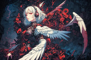 Official Art, Unity 8K Wallpaper, Extreme Detailed, Beautiful and Aesthetic, Masterpiece, Top Quality, perfect anatomy, 

1girl, solo, looking at viewer, short hair, red eyes, long sleeves, dress, white hair, frills, wings, white dress, from side, headphones, halo, black wings, angel, gears, magenta theme, night, lightning, thunder, bats, 

a beautifully drawn (((ink illustration))) depicting, vintage, INDIGO and YELLOW accents, watercolor painting, concept art, (best illustration), (best shadow), Analog Color Theme, vivid colours, contrast, smooth, sharp focus, scenery, 

(Pencil_Sketch:1.2,masterpiece, midjourney, best quality, incredibly absurdres, messy lines,high detail eyes,More Detail,perfect light,portrait, 