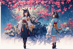 Official Art, Unity 8K Wallpaper, Extreme Detailed, Beautiful and Aesthetic, Masterpiece, Top Quality, perfect anatomy, 

1girl, solo, long hair, looking at viewer, blush, smile, bangs, blue eyes, hair ornament, long sleeves, bow, holding, animal ears, jewelry, closed mouth, standing, tail, full body, weapon, flower, white hair, earrings, japanese clothes, sword, cat ears, hair flower, wide sleeves, kimono, scarf, black footwear, holding weapon, animal ear fluff, bell, animal, cat, tassel, platform footwear, Blue-green theme, 

a beautifully drawn (((ink illustration))) depicting, vintage, PURPLE and YELLOW accents, watercolor painting, concept art, (best illustration), (best shadow), Analog Color Theme, vivid colours, contrast, smooth, sharp focus, scenery, 

(Pencil_Sketch:1.2,masterpiece, midjourney, best quality, incredibly absurdres, messy lines,high detail eyes