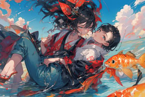 Official Art, Unity 8K Wallpaper, Extreme Detailed, Beautiful and Aesthetic, Masterpiece, Top Quality, perfect anatomy, 

solo, short hair, black hair, 1boy, holding, sitting, male focus, outdoors, japanese clothes, sky, day, pants, clouds, water, blue sky, tattoo, sandals, fish, grey pants, fishing rod, fishing, holding fishing rod, fishing line, blue theme, 

a beautifully drawn (((ink illustration))) depicting, vintage, purple and yellow accents, watercolor painting, concept art, (best illustration), (best shadow), Analog Color Theme, vivid colours, contrast, smooth, sharp focus, scenery, 

(Pencil_Sketch:1.2,masterpiece, midjourney, best quality, incredibly absurdres, messy lines,high detail eyes,More Detail,perfect light,portrait, ,more detail XL,Ukiyo-e, ,ink