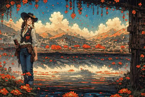 Official Art, Unity 8K Wallpaper, Extreme Detailed, Beautiful and Aesthetic, Masterpiece, Top Quality, perfect anatomy, 

1girl, solo, long hair, brown hair, hat, twintails, weapon, belt, pants, vest, gun, denim, handgun, cigarette, cowboy hat, revolver, cowboy western, flower, sky, cloud, book, petals, red flower, ground vehicle, yellow flower, orange flower, Kentucky, USA, horsehair, horse, galloping, fruity notes, apple, caramel, gold leaf, rattling wheels, fragrant paint, carrot-colored saddle,

a beautifully drawn (((ink illustration))) depicting, vintage, PURPLE and YELLOW accents, watercolor painting, concept art, (best illustration), (best shadow), Analog Color Theme, vivid colours, contrast, smooth, sharp focus, scenery, 

(Pencil_Sketch:1.2,masterpiece, midjourney, best quality, incredibly absurdres, messy lines,high detail eyes